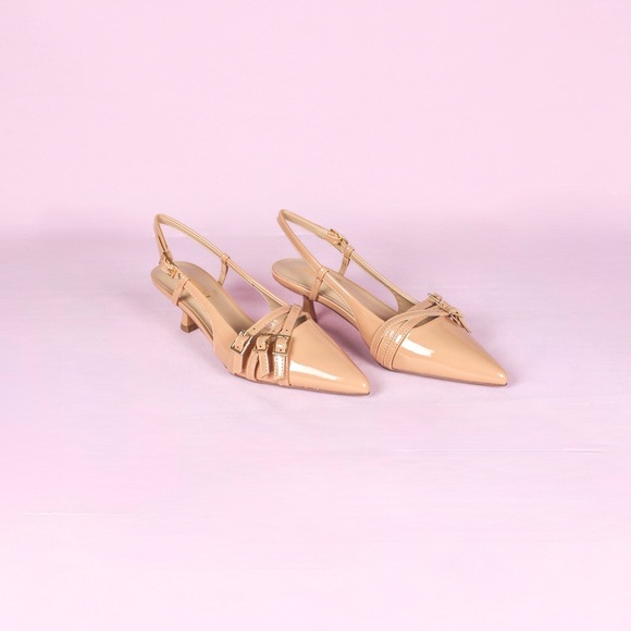 Camel Tan Patent Slingback kitten Heels - Picture 3 of 4